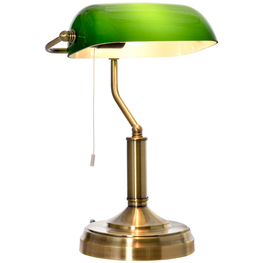 Banker's Table Lamp Desk Lamp wAntique Bronze Base, Glass Shade and Pull Rope