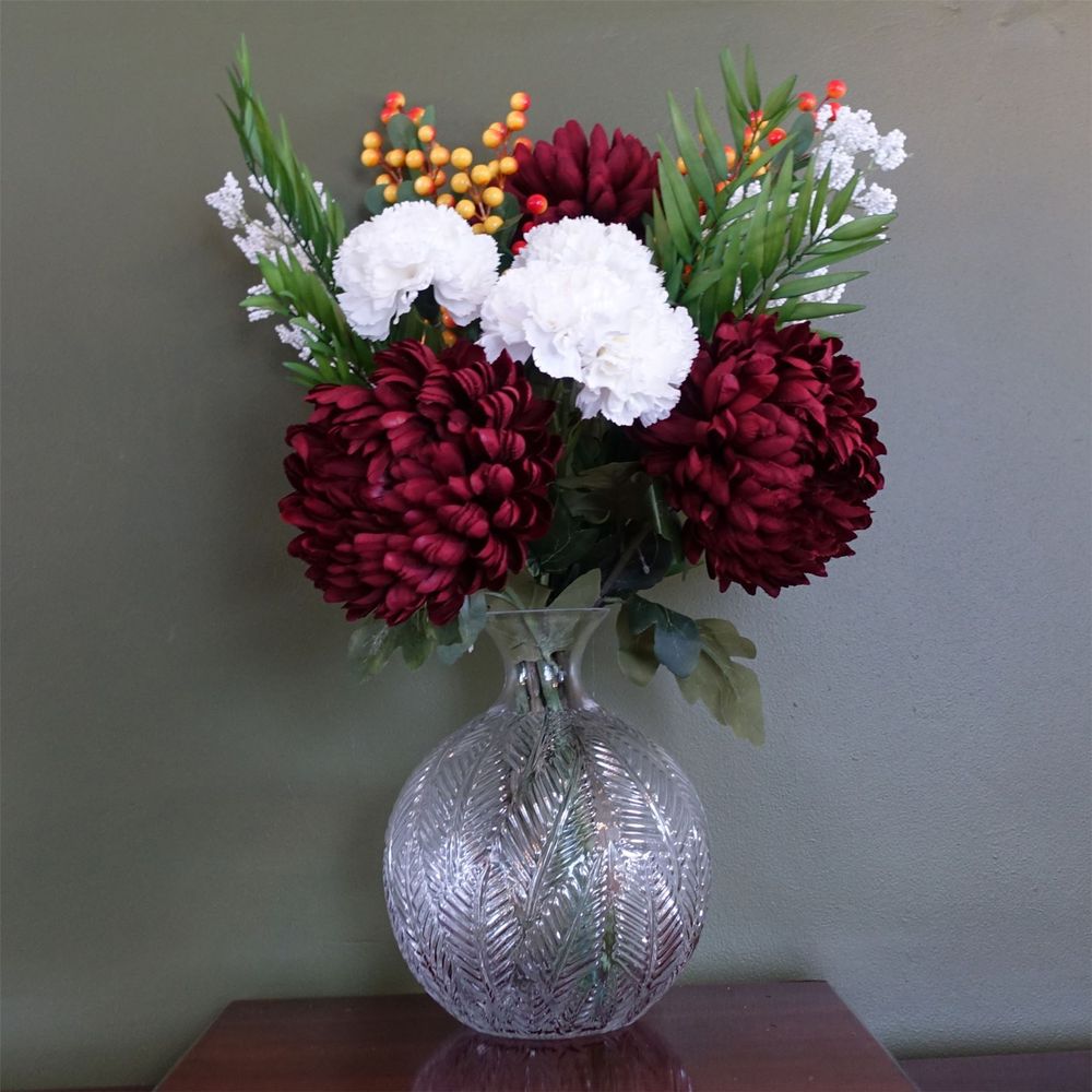 Red Chrysanthemum Glass Ball Vase - Complete Flower Arrangement Pack - High-Quality Artificial Flowers & Elegant Vase