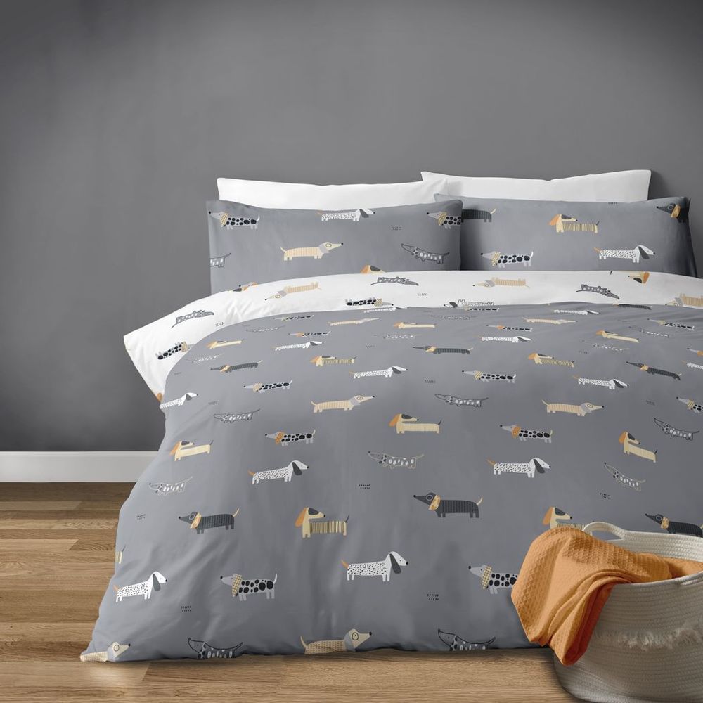 Dachys Grey and white dachshund sausage dog design polycotton duvet set. - Super King Bed