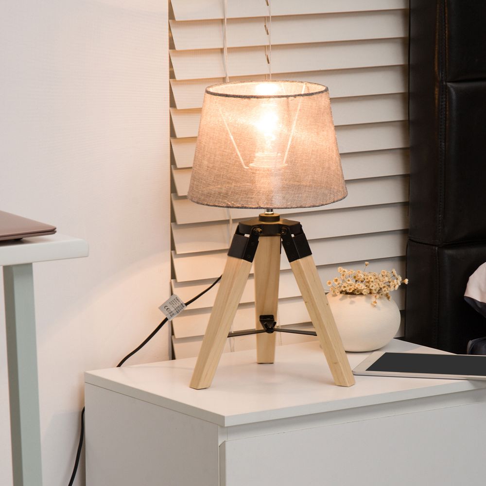 HOMCOM Wooden Tripod Table Lamp for Side, Desk or End Table with E Bulb Base Grey Shade