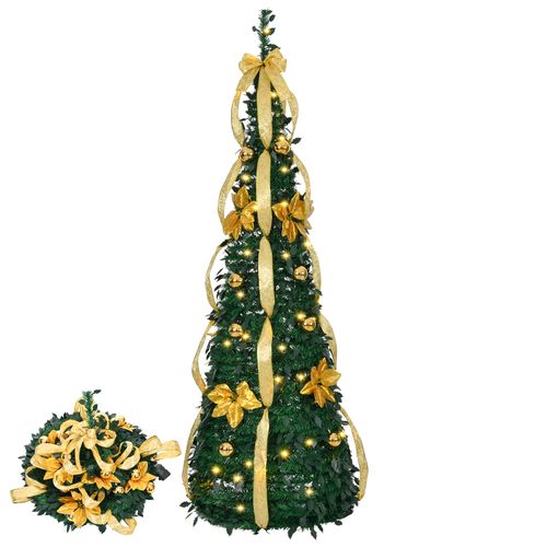 FT Fully Decorated Pre-lit Christmas Tree, Pop Up Artificial Xmas Tree with Warm Lights Battery Operated and Golden & Silver Ornaments for Home