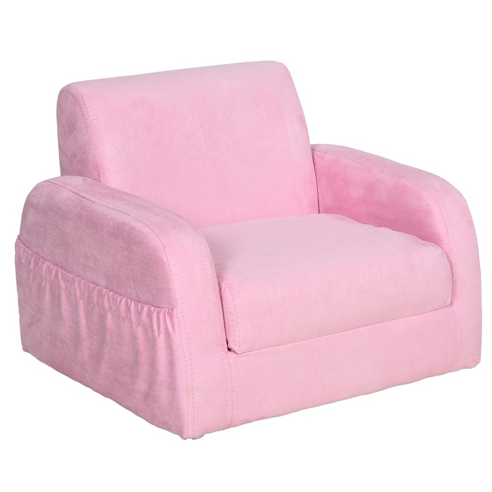 HOMCOM In Kids Armchair Sofa Bed Fold Out Padded Wood Frame Bedroom Pink