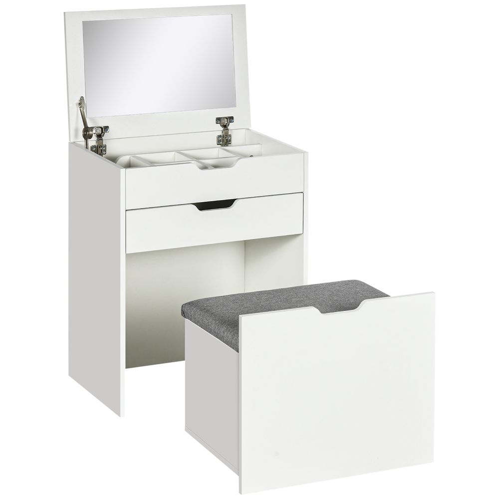 Dressing Table Set w Flip-up Mirror & Stool, Drawer and Compartments, White