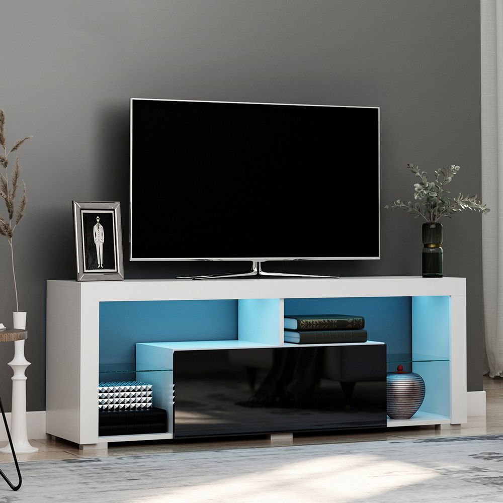 HOMCOM TV Unit, LED TV Stand Cabinet, High Gloss TV Table with Lights and Storage Shelf for TVs for Living Room, Bedroom, Black and White