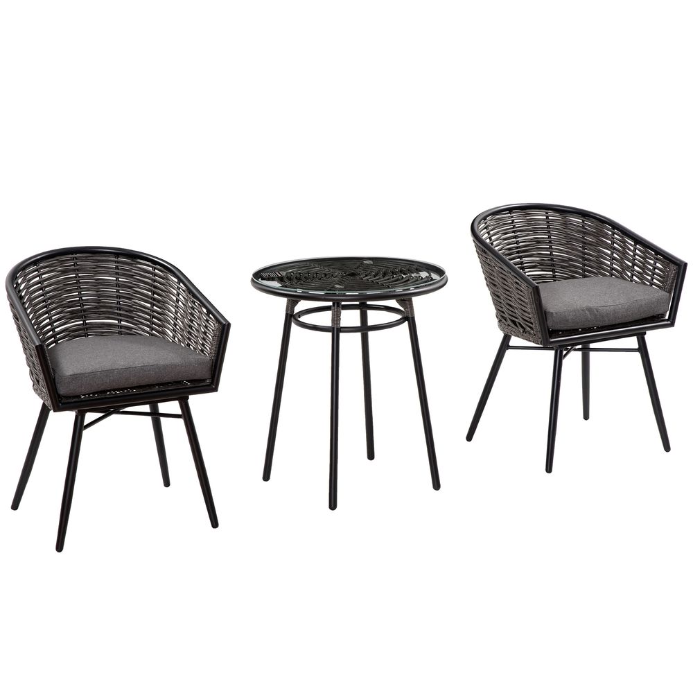 Premium Grey Rattan Bistro Set - Chairs & Coffee Table - Outdoor & Patio Furniture