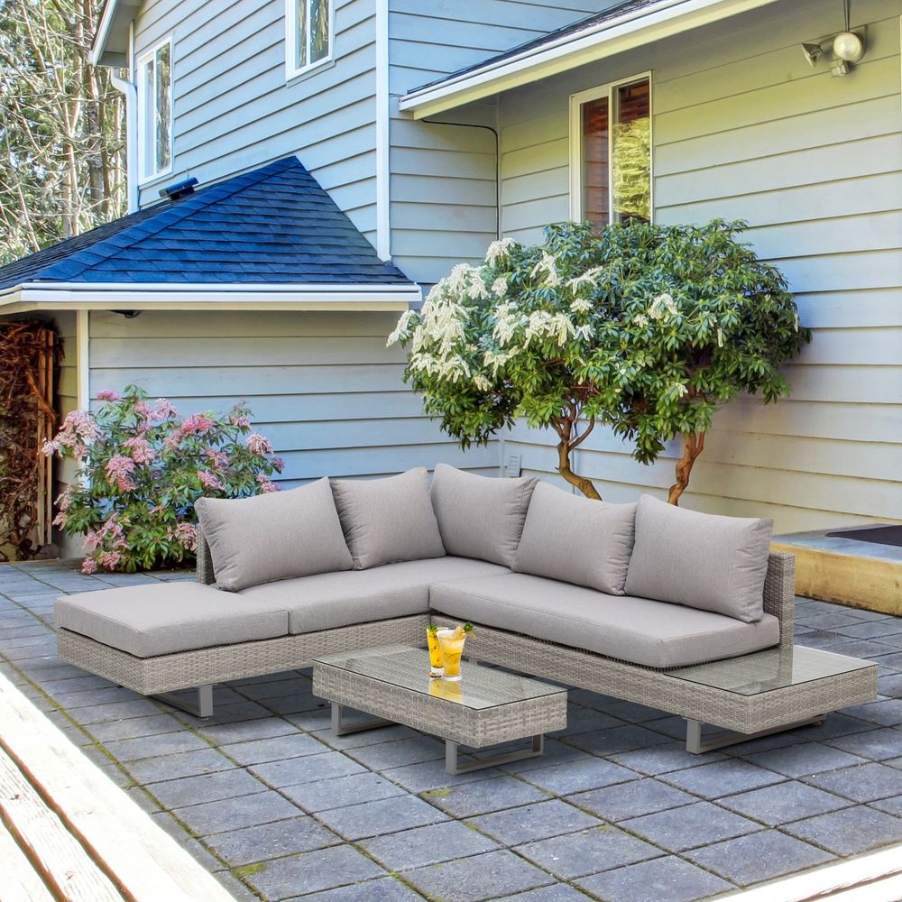 Outsunny pc Rattan Sofa Set Tea Table, Side Table & Cushioned Grey - Outdoor Lounge Furniture
