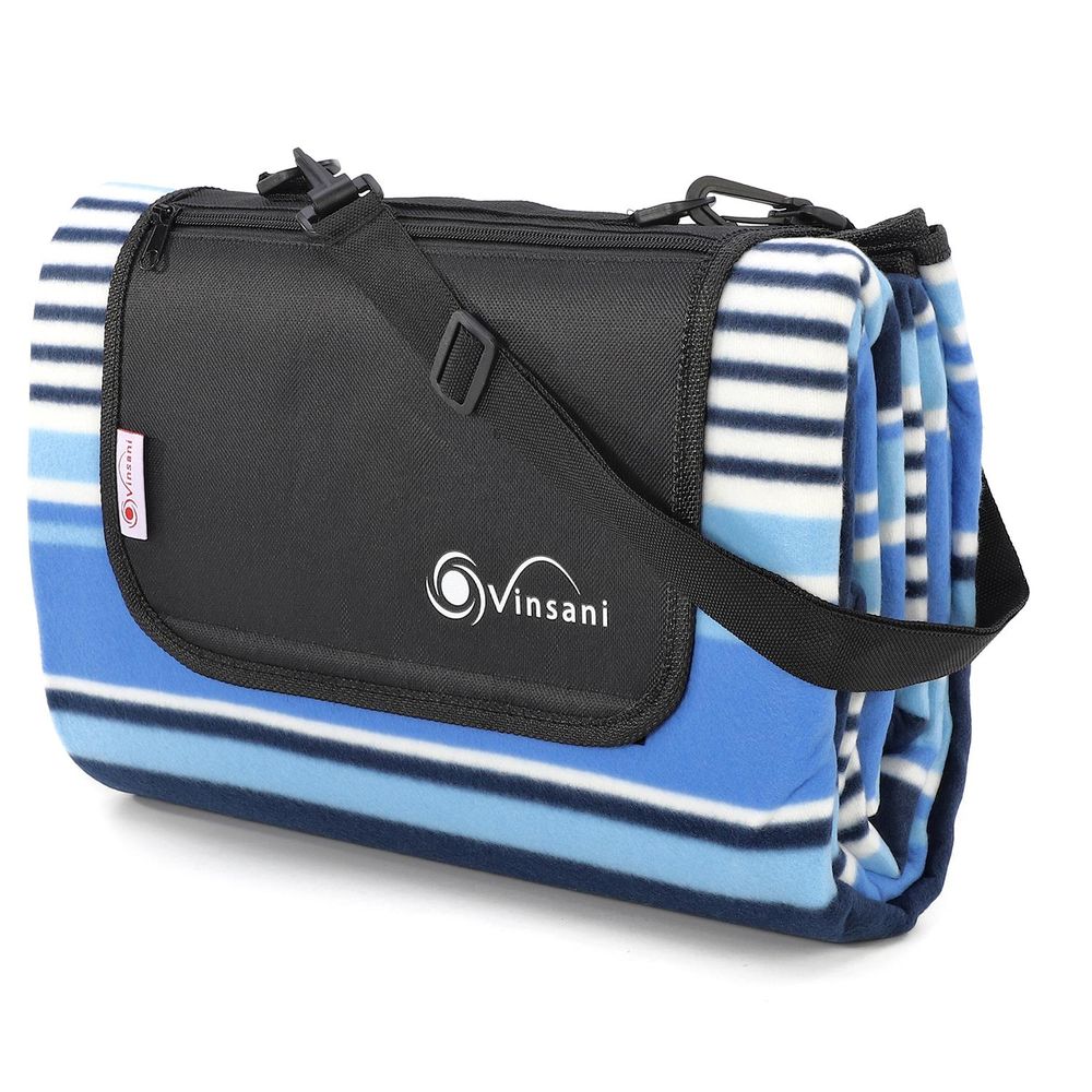 Vinsani x Folding Picnic Blanket Waterproof & Sandproof Backing - Ideal for Camping & Outdoor Picnic - Rug Mat with Carry - Blue stripe