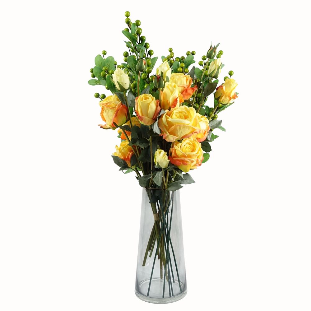 High-Quality Yellow Rose Artificial Flowers with Glass Vase