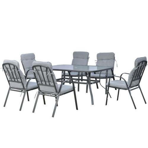 Outsunny PCs Garden Dining Set, Glass Table w Umbrella Hole & Cushion, Black
