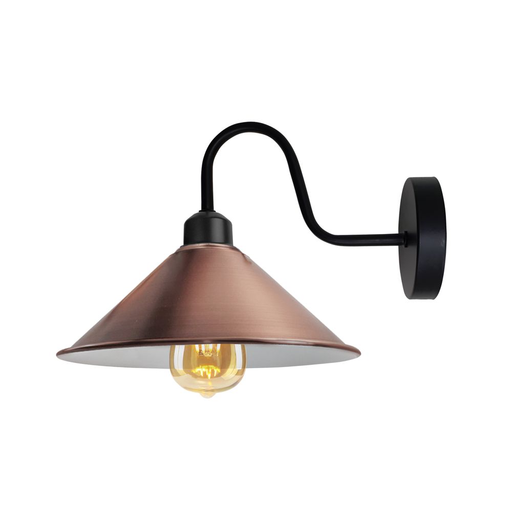 Vintage Copper Wall Light Fixture, Black Wall Sconce, E Base Socket, Screw Type, Swan Neck Cone Shape Shade