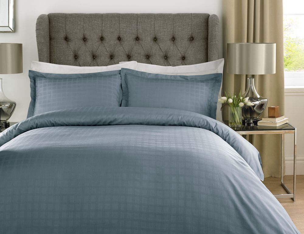Luxury Smoky Blue Satin Stripe Check Duvet Set - Thread Count, % Cotton