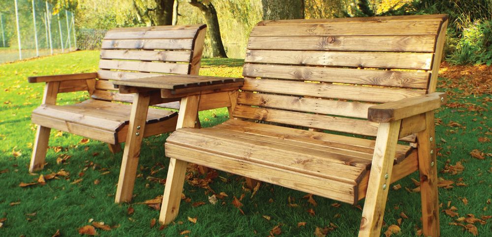 Twin Bench Set Straight - Charles Taylor, Classic English Design, Hand-finished in Britain, Sustainably Sourced Wood - With Grey Cushion