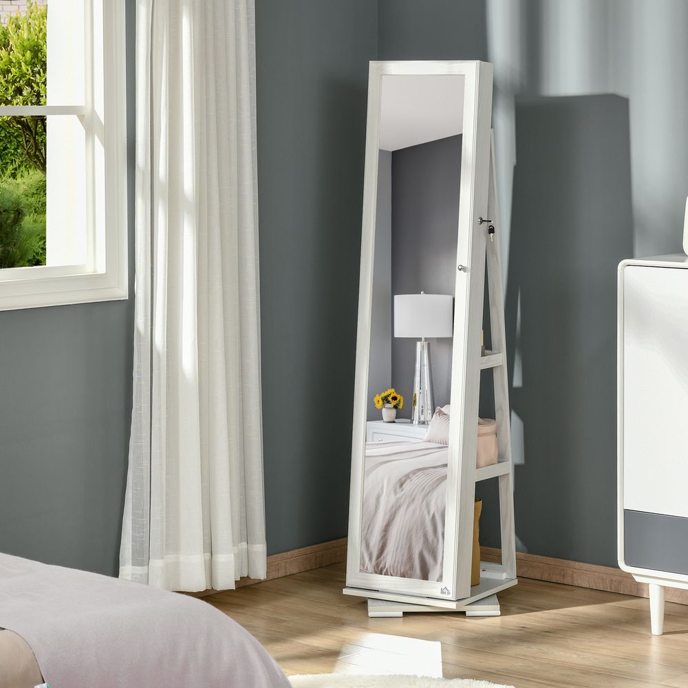 HOMCOM ° Swivel Jewellery Cabinet, Mirror Armoire, Full Length Mirror, Lockable Jewellery Organizer with Built-In Small Mirror, White