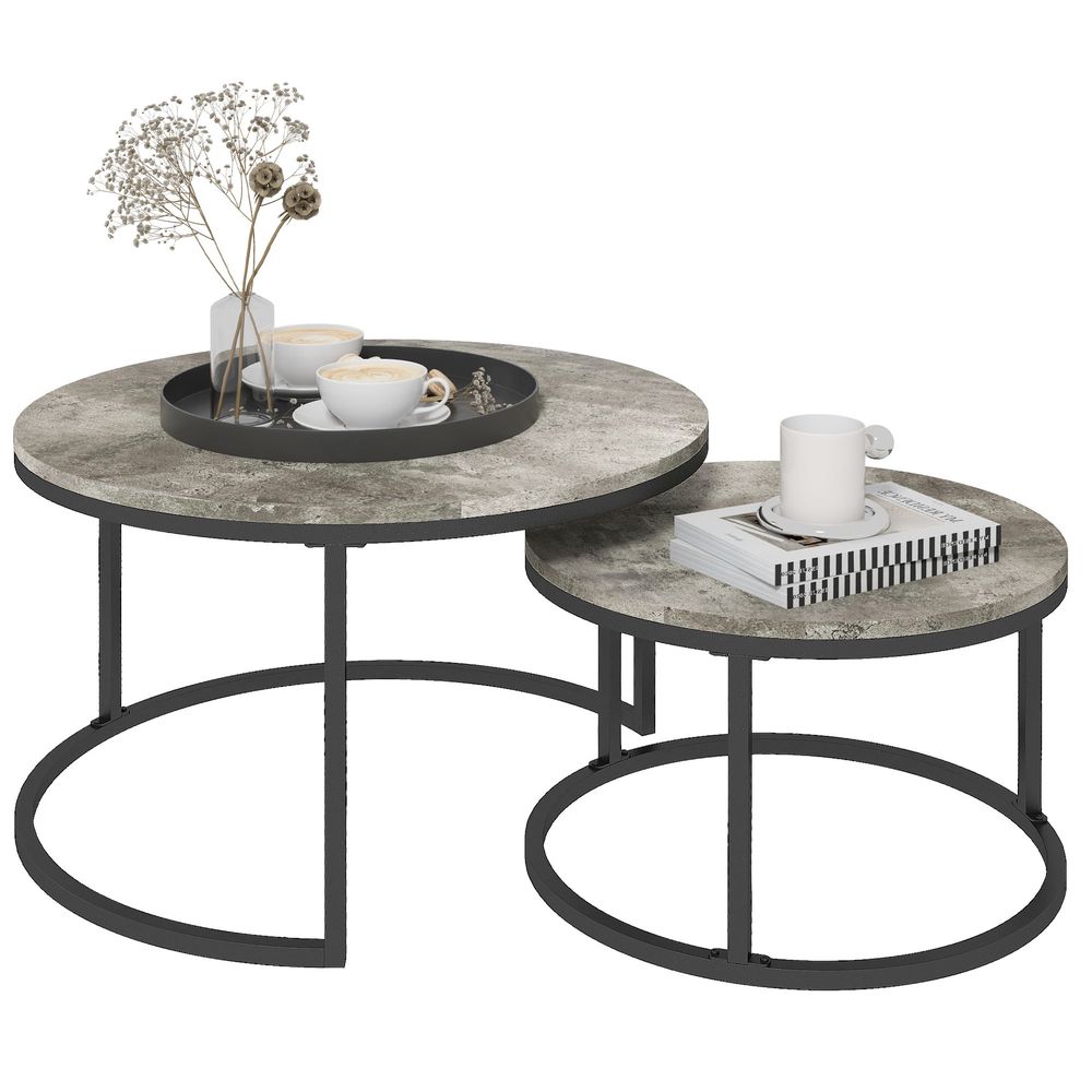 HOMCOM Pcs Stacking Coffee Table Set Steel Frame Cement-Effect Top Foot Pads