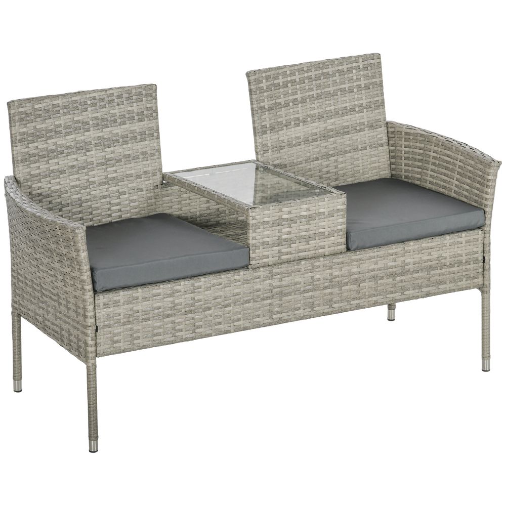 Outsunny Rattan Garden Bench w Glass Tea Table, Wicker Chair w Cushions, Grey