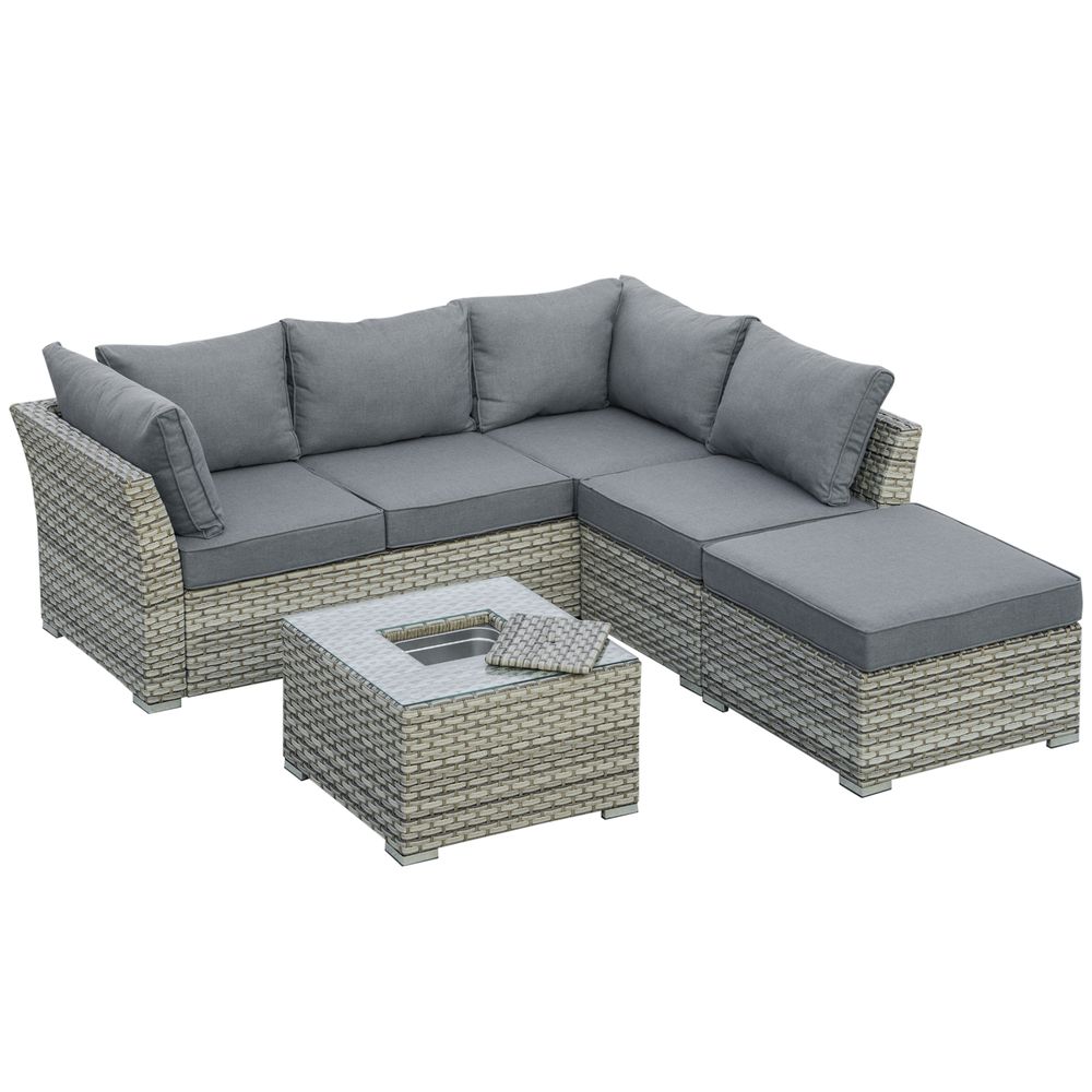 Patio PE Rattan Sofa Sectional Conversation Furniture Set w Ice Bucket
