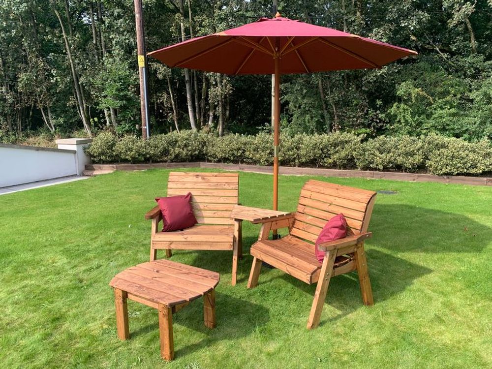Premium British-made Grand Twin Angled Set + Coffee Table. High-quality, sustainable wood. Rustproof and rot-free. White - With Burgundy Cushion