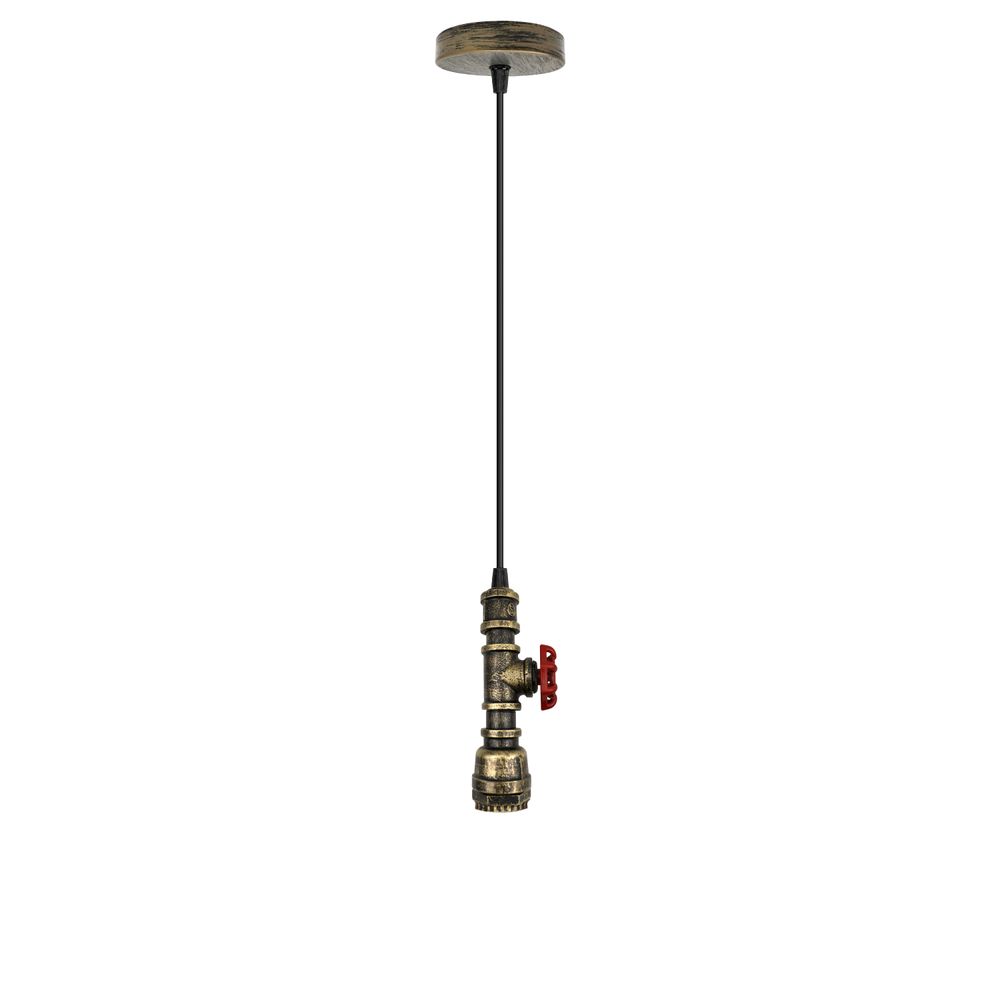 Vintage industrial metal pendant pipe light E fitting adjustable cable - with bulb Brushed brass