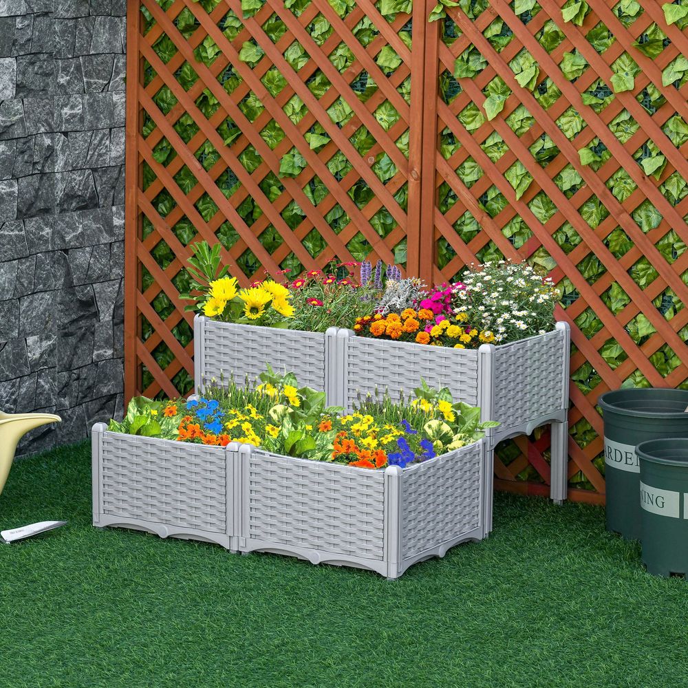 Outsunny -Tier Rattan Garden Planter - Brown & Grey, Raised Design, Durable Plastic, Easy Setup