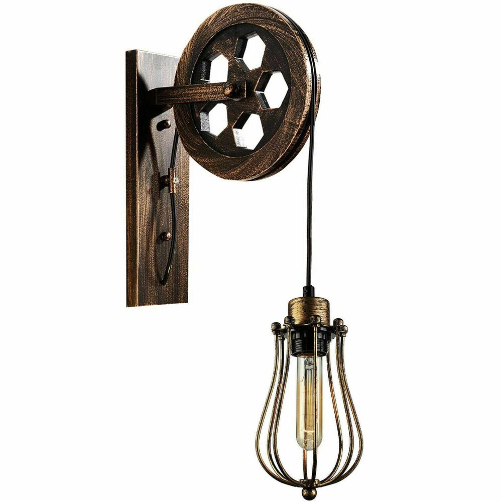 Retro Industrial Pulley Wheel Wall Light Fixture Metal Cage Indoor Light - With Bulb Brushed Copper