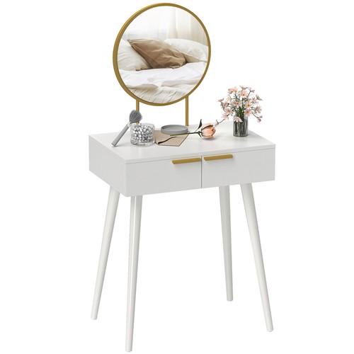 HOMCOM Modern Dressing Table w Drawers Round Mirror for Bedroom White