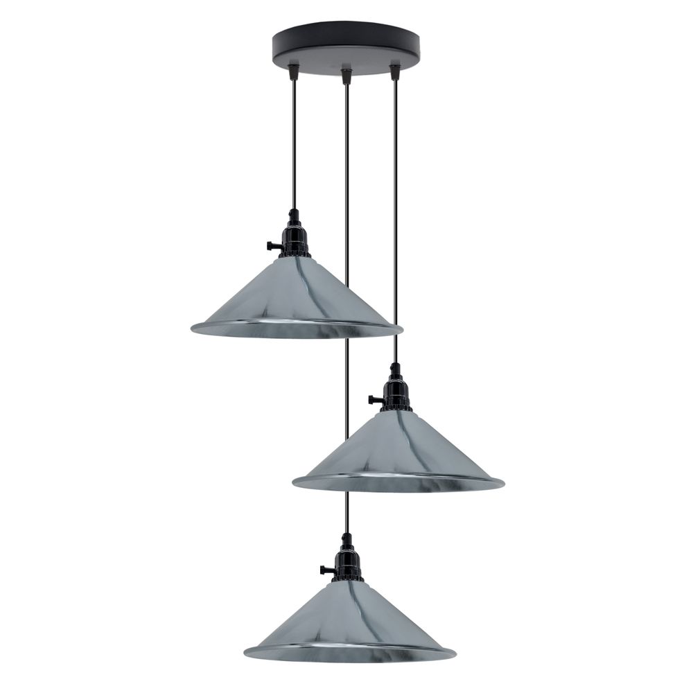 Industrial Head Cluster Pendant Light - Adjustable Cord, E Base, Metal Fitting - Cone Shaped