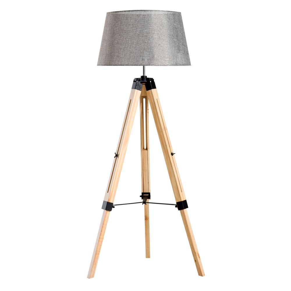 Tripod Floor Lamp w Linen Shade Pinewood Legs Adjustable Height Grey