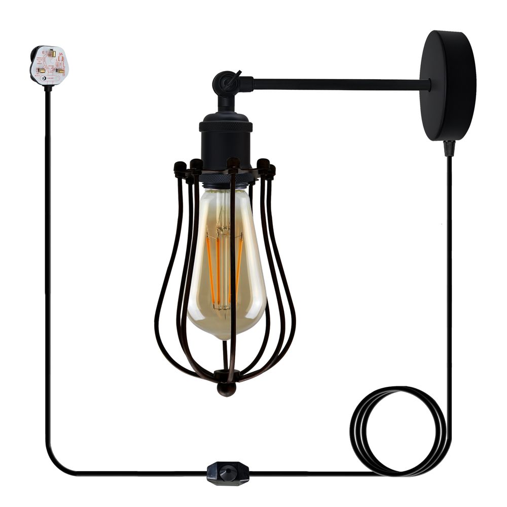 Black Vintage Industrial Light Plug in Wire cage E Wall Lamp~ - Style Yes