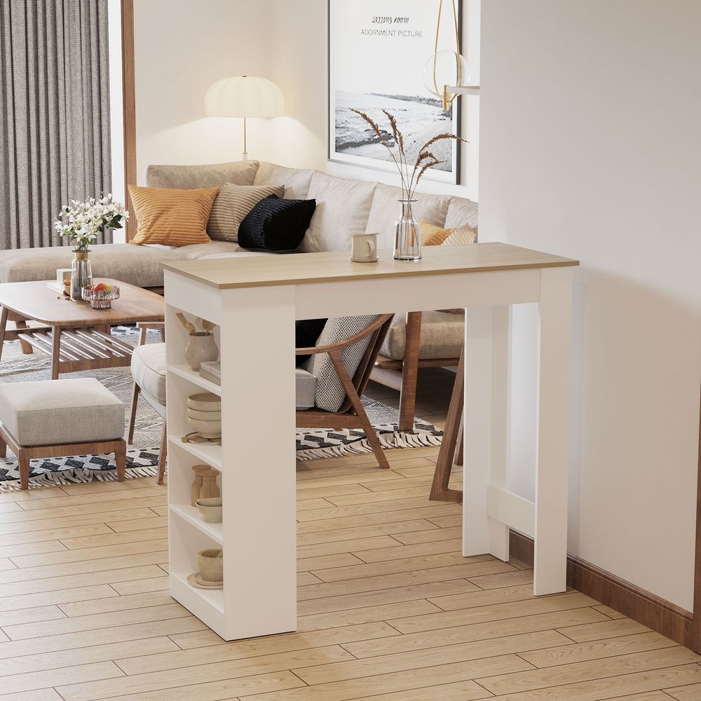 HOMCOM Bar Table Coffee Table Kitchen Dining Table with -Tier Storage Shelf for Kitchen, Dining Room, Living Room, Natural