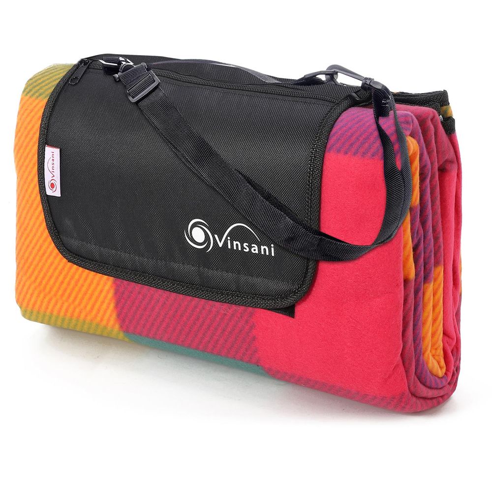 Vinsani x Folding Picnic Blanket Waterproof & Sandproof Backing - Ideal for Camping & Outdoor Picnic - Rug Mat with Carry - Multi coloured