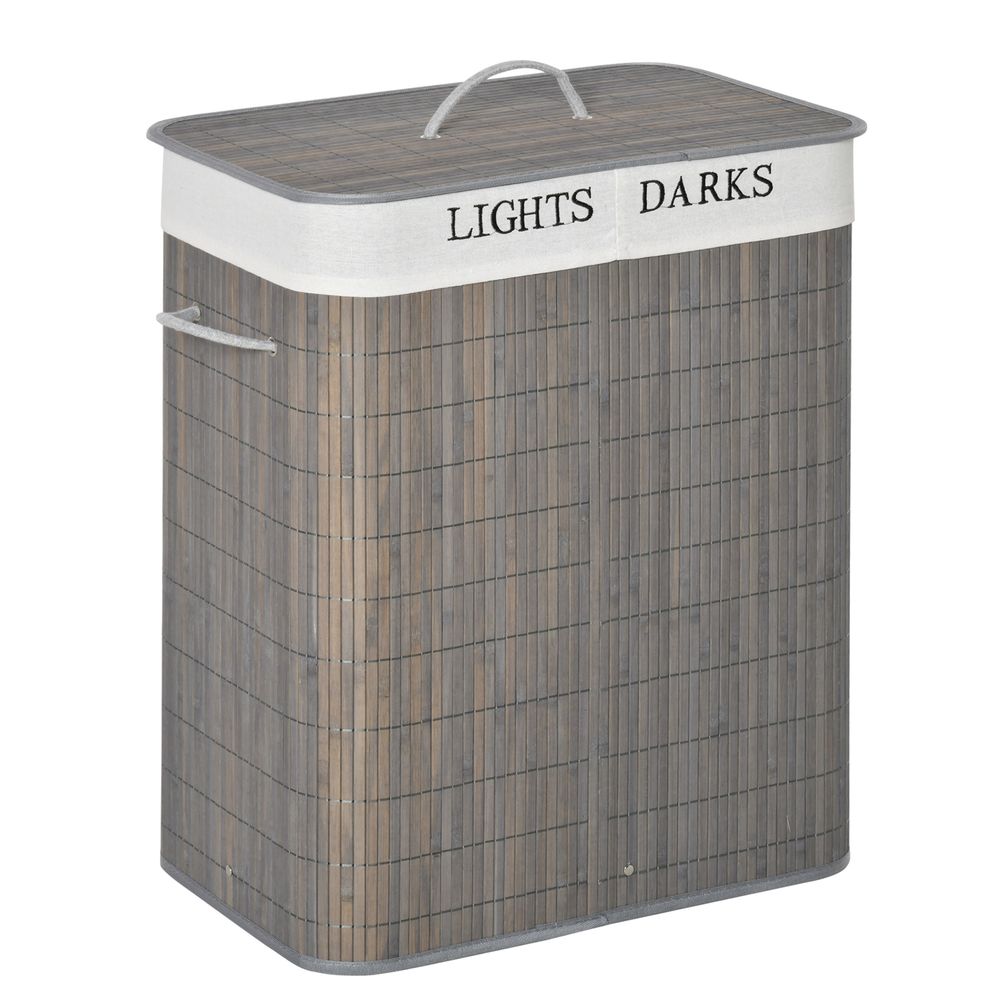 L Bamboo Laundry Basket with Flip Lid Foldable, Grey Lining
