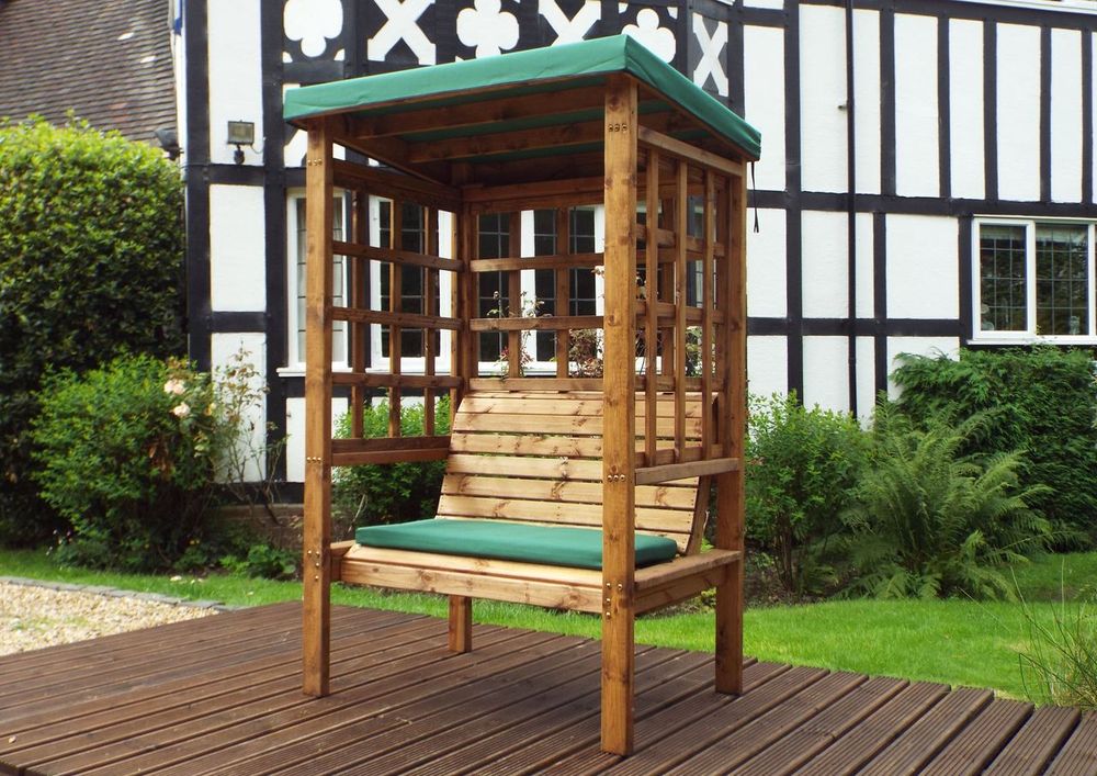 Bramham Two Seat Arbour Green - Handcrafted British Arbour with Waterproof Cover. Rustproof & Rot Free. Year Guarantee. - With Green Cushion
