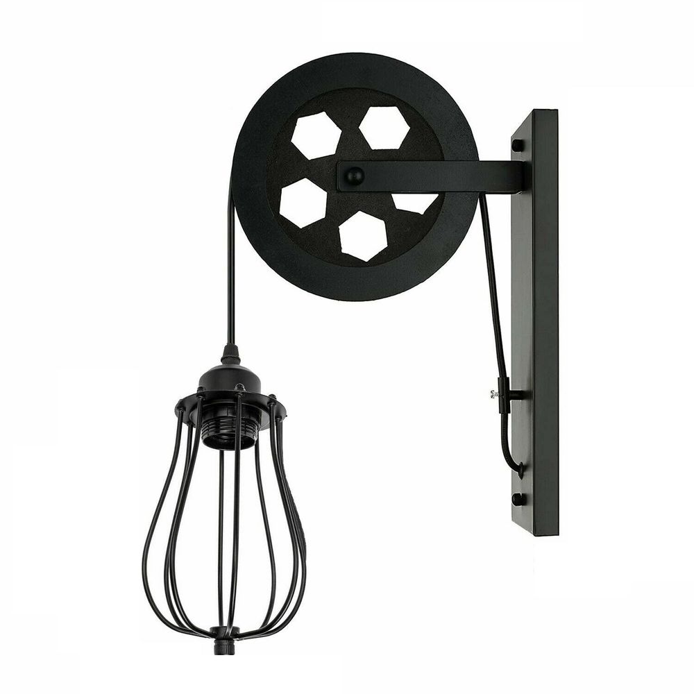 Retro Industrial Pulley Wheel Wall Light Fixture Metal Cage Indoor Light - Without Bulb Black