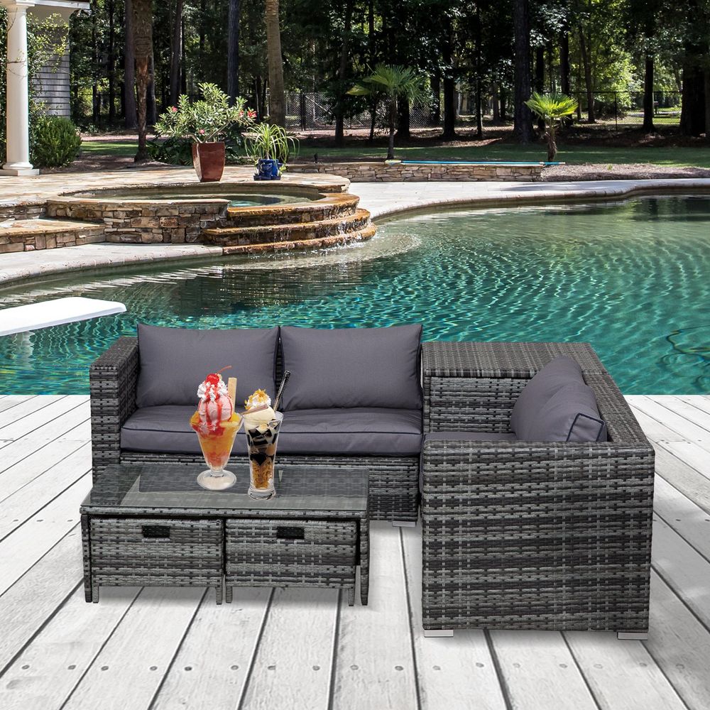 pcs Rattan Sofa Storage & Table & Drawers Cushions Corner Trunk Coffee Grey