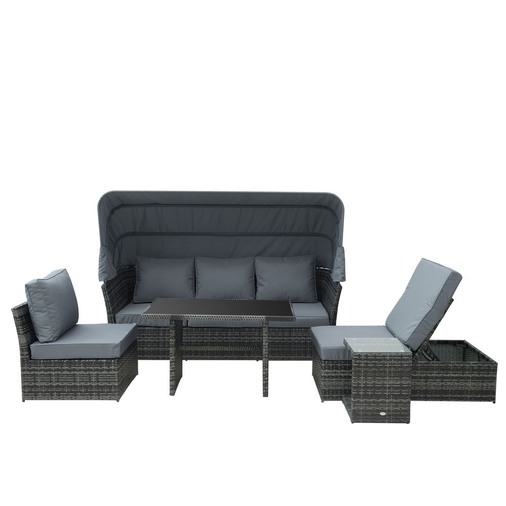 PCS Outdoor Rattan Reclining Adjustable Canopy Sets w Dining Table