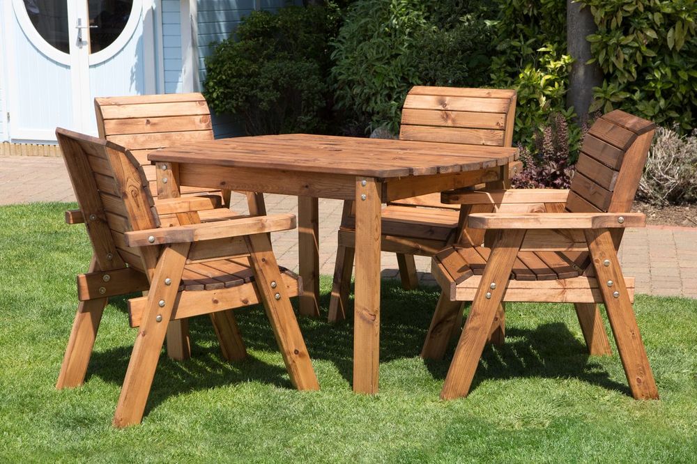 Premium Wood Outdoor Dining Set - Seater Rect Table with Armchairs & Year Guarantee - With Grey Cushion
