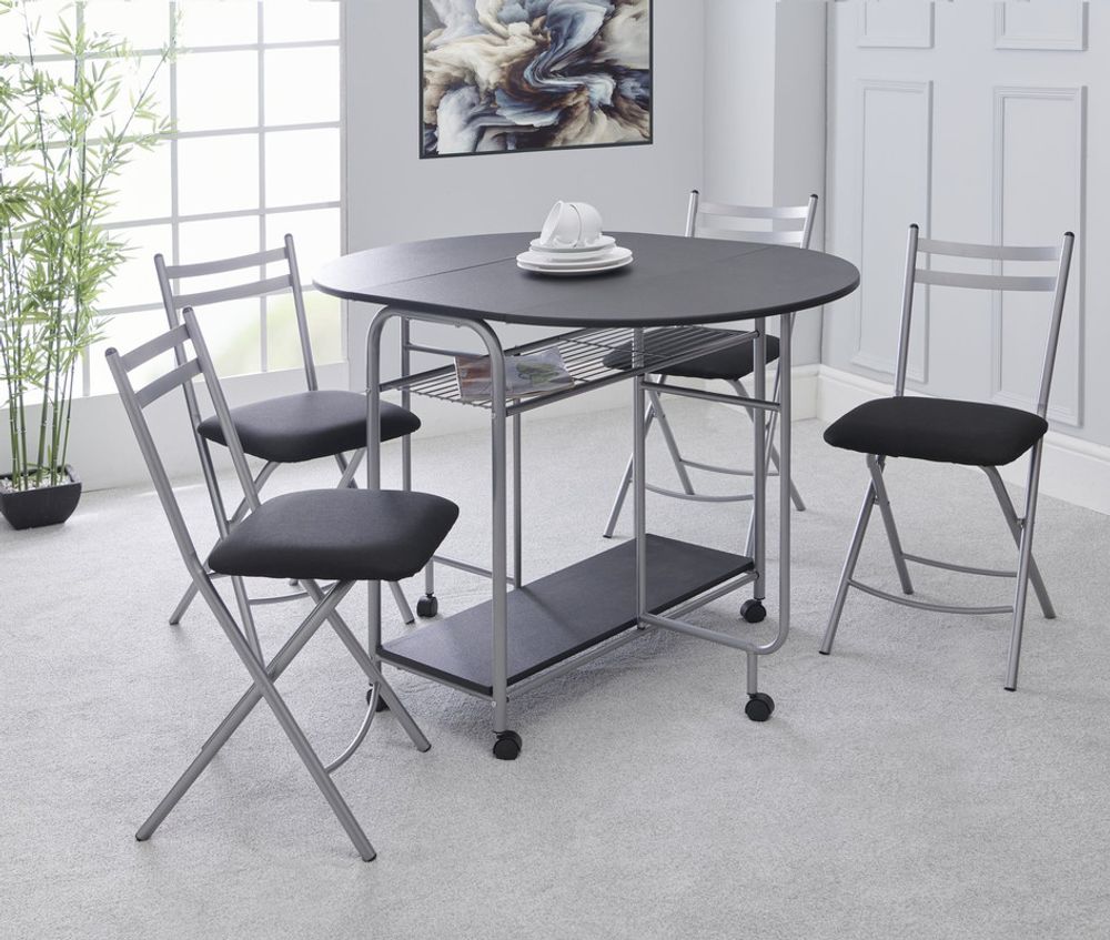 Greenhurst Stowaway Dining Set, Drop Down Table & Folding Chairs, Max Table Size: L x D x H Black and Silver