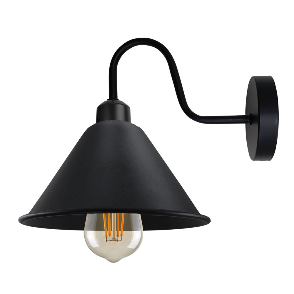 Vintage Wall Light Fixture, Vintage Black Wall Sconce E Base Socket Screw Wall Mounted Swan Neck Cone Shape Shade - with bulb