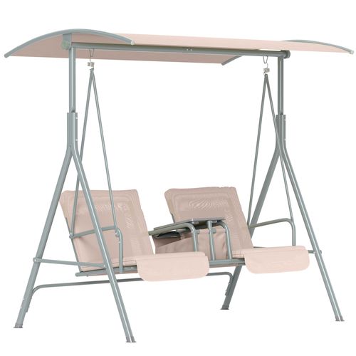 Outsunny Person Covered Patio Swing with Pivot Table & Storage Console Beige
