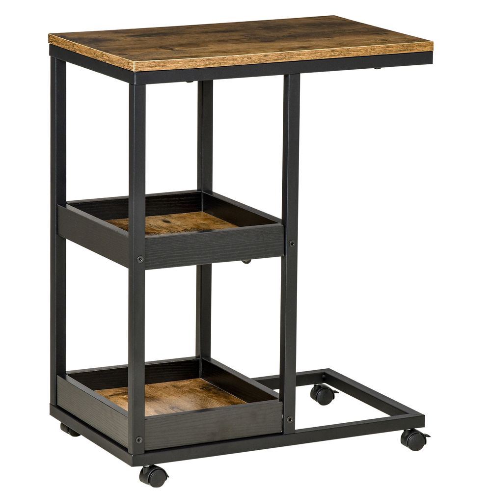 HOMCOM Industrial Mobile Sofa Side Table C-Shaped Rolling Couch Table with -Tier Storage Shelving Four Lockable Wheels Steel Frame