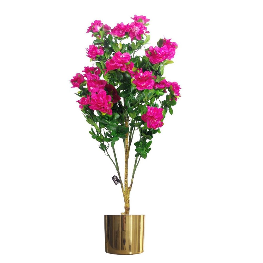 Premium Artificial Azalea Pink Flowers Potted Plant with Gold Metal Planter