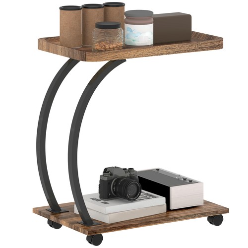 HOMCOM C Shaped Side Table with Storage & Wheels for Living Room, Brown