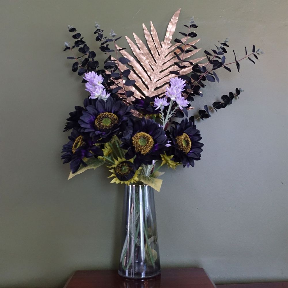 Captivating Purple Sunflower & Gold Leaf Display - Artificial, Glass Vase Included