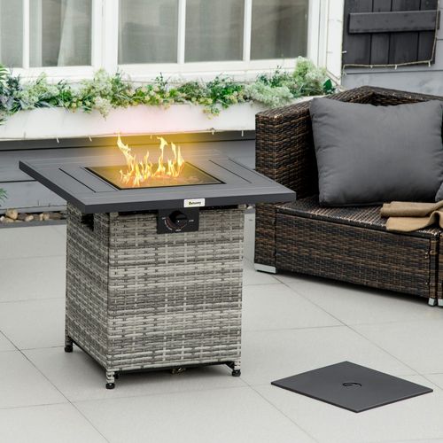 Outsunny Gas Fire Pit Table w Rain Cover, Mesh Lid & Lava Stone, , BTU