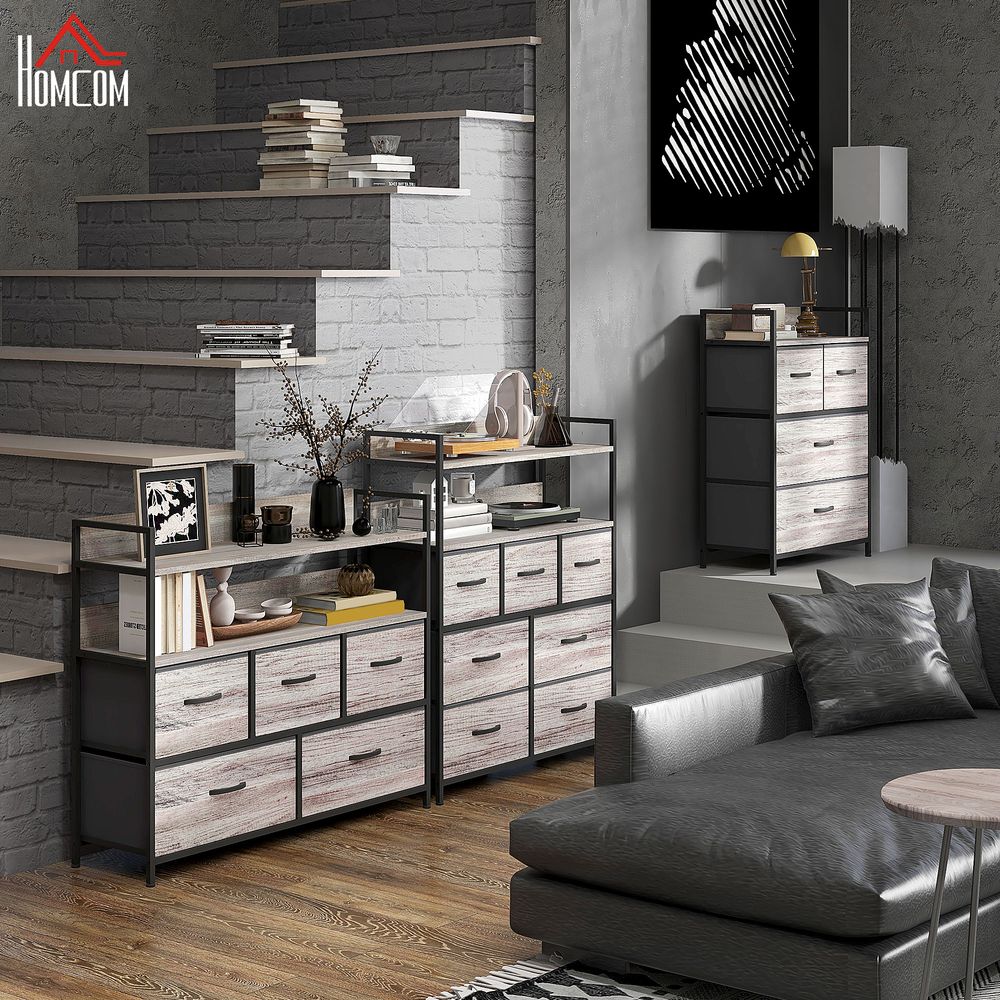 HOMCOM Bedroom Chest of Drawers Drawer Dresser w Shelves, Rustic Brown - W x D x H Grey Wood Effect