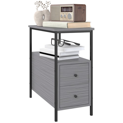 HOMCOM Narrow End Table, Sofa Side Table with Drawers Storage Shelf, Grey
