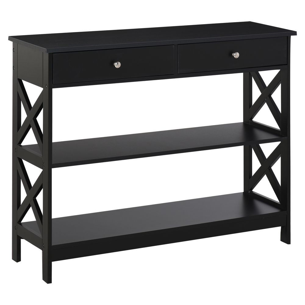 HOMCOM Console Table Side Desk wShelves Drawers Open Top X Support Frame Living Room Hallway Home Office Furniture Black