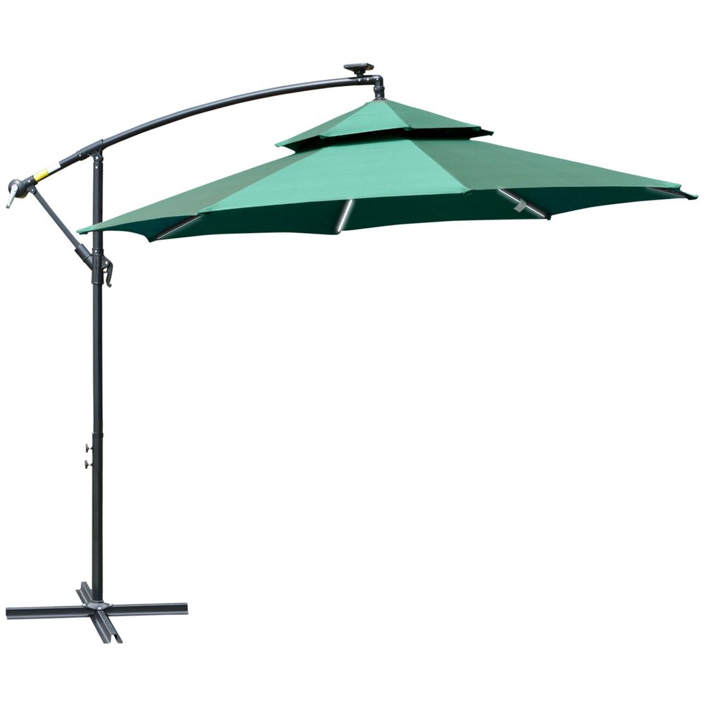 Premium m Double Roof Cantilever Banana Parasol w LED Solar Lights - Crank, Green