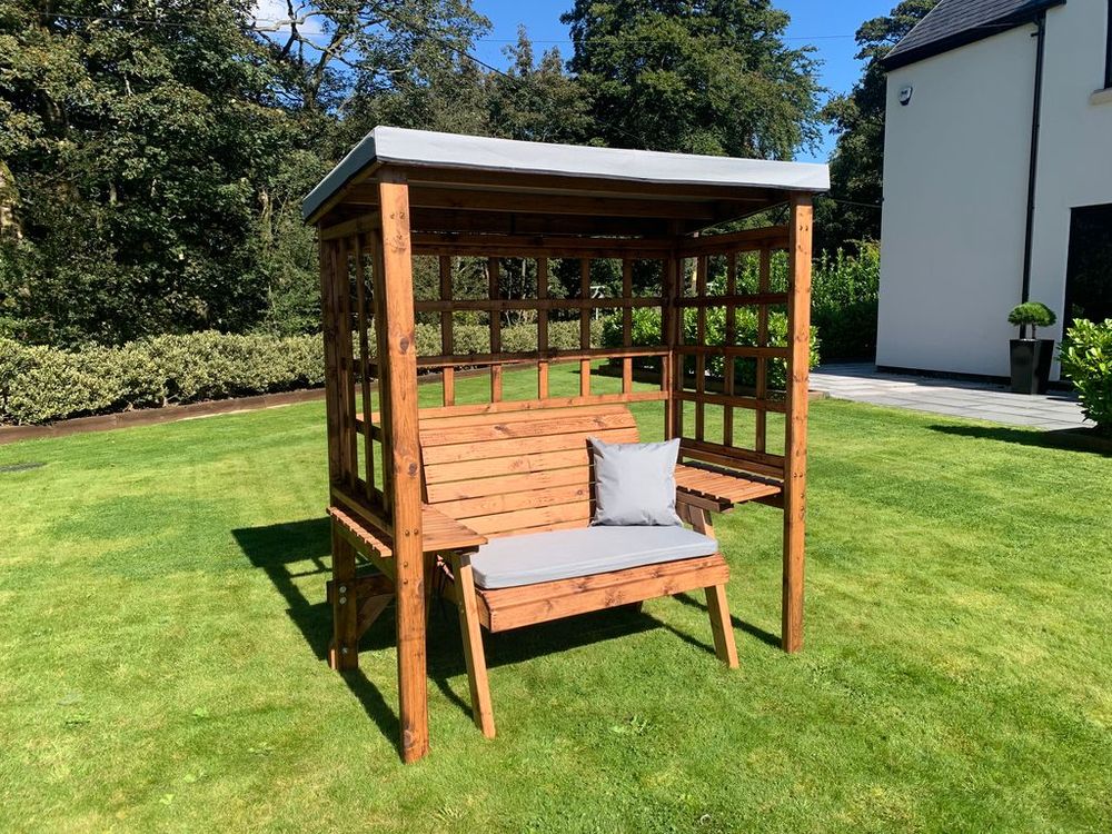 Wentworth Two Seat Arbour Green - Handcrafted, Waterproof Roof, Side Tables, Made in Britain, FSC Wood - With Grey Cushion