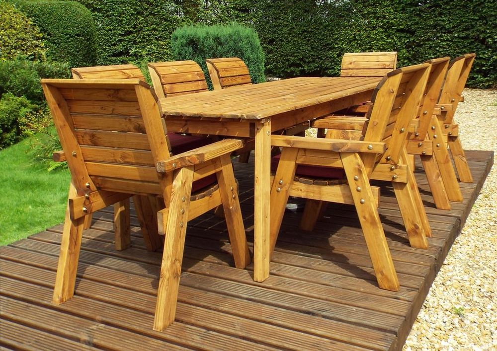 Premium Outdoor Dining Set: Eight Seater Rect Table + Armchairs - With Burgundy Cushion